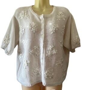 Victoria Sport White Ribbon flower Cardigan Sweater Size Medium Vintage 90's